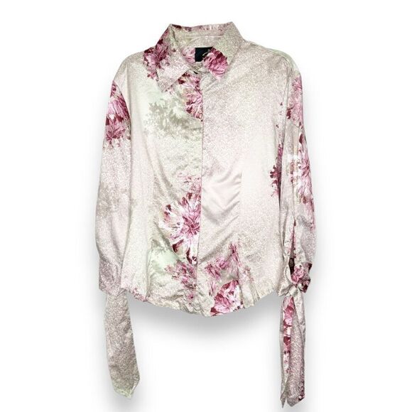 Just Cavalli Pink Green Floral Printed Satin Button Down Shirt Blouse Size 42 - Picture 1 of 11